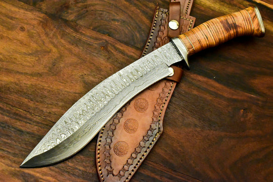 Custom Handmade Damascus Steel Bowie Knife | Sheath | Leather Roll Handle - SUSA KNIVES