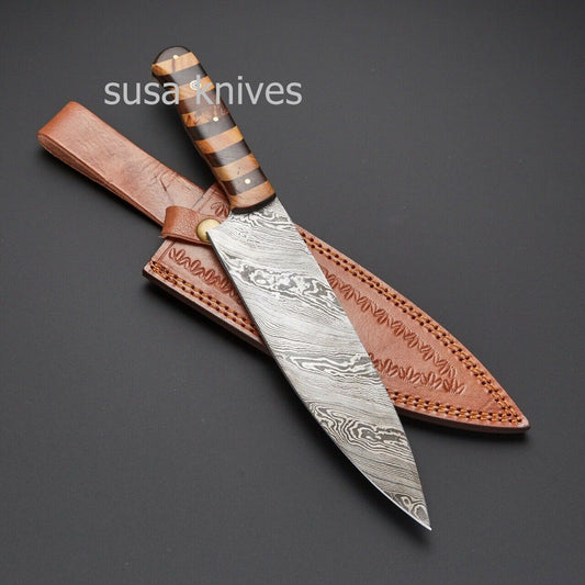 OLIVE,ROSE WOOD,CUSTOM HANDMADE DAMASCUS STEEL KITCHEN/CHEF KNIVES WITH LEATHER - SUSA KNIVES