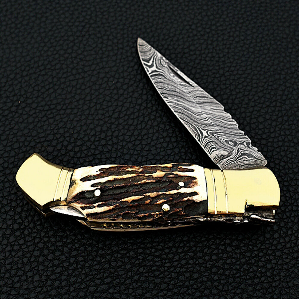 Hand Made Damascus Steel Folding/Pocket Knife Stag Horn Handle Back Lock - SUSA KNIVES