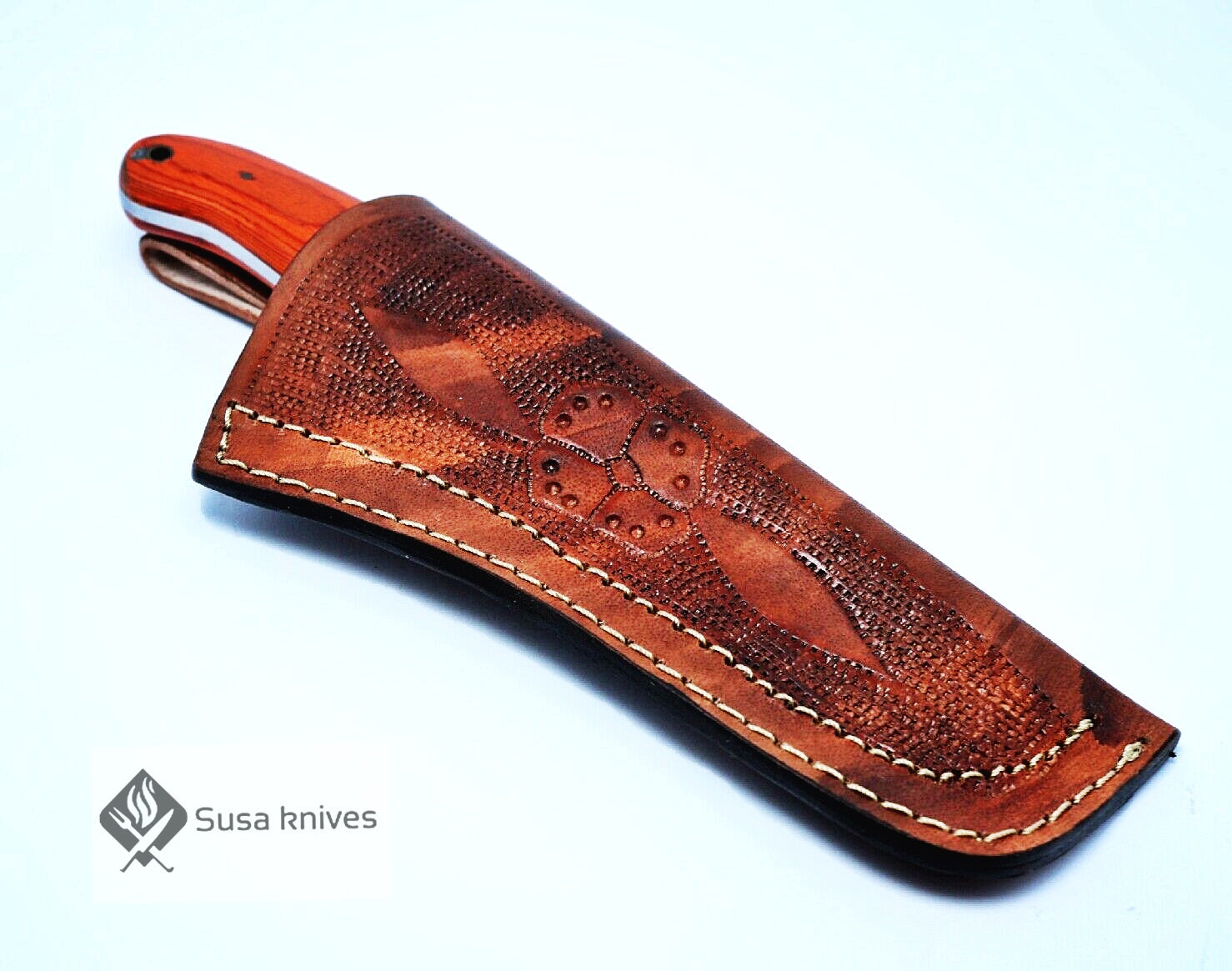 HAND FORGED DAMASCUS STEEL BULL CUTTER/COWBOY KNIFE & PUKKA WOOD HANDLE - SUSA KNIVES