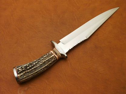CUSTOM HAND MADE D2 BOWIE HUNTING KNIFE - FIGHTER KNIFE - STAG ANTLER HANDLE - SUSA KNIVES