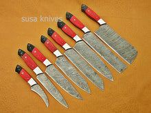 Load image into Gallery viewer, CUSTOM HANDMADE DAMASCUS STEEL CHEF SET/KITCHEN 8 PCS ROSEWOOD ,BUFFALO HORN - SUSA KNIVES
