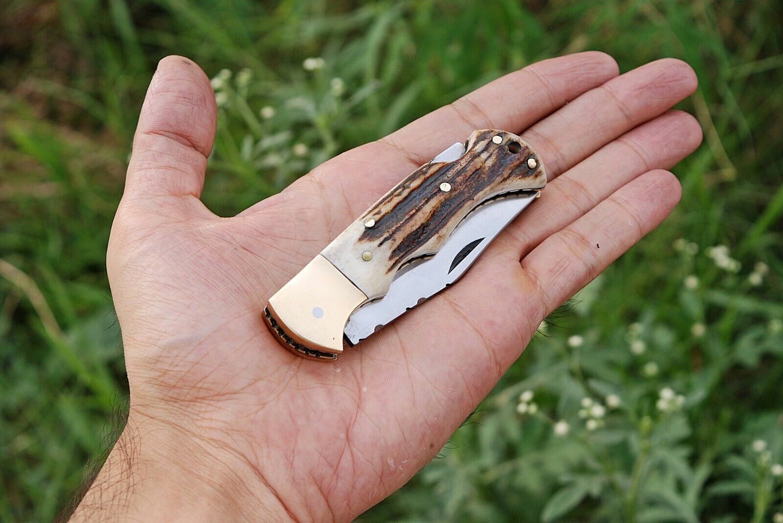 HAND FORGED D2 STEEL BackLock Folding Knife W/Stag & Brass Bolster Handle - SUSA KNIVES