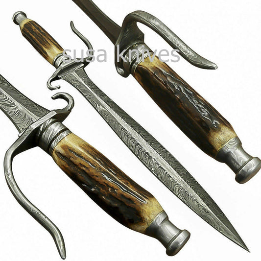 Beautiful Custom Handmade Damascus Steel Sword [Sheath] Stag Horn Handle - SUSA KNIVES