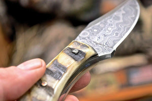 Handmade Raindrop Damascus Custom Sheep Horn Small Skinning Hunting Knife - SUSA KNIVES