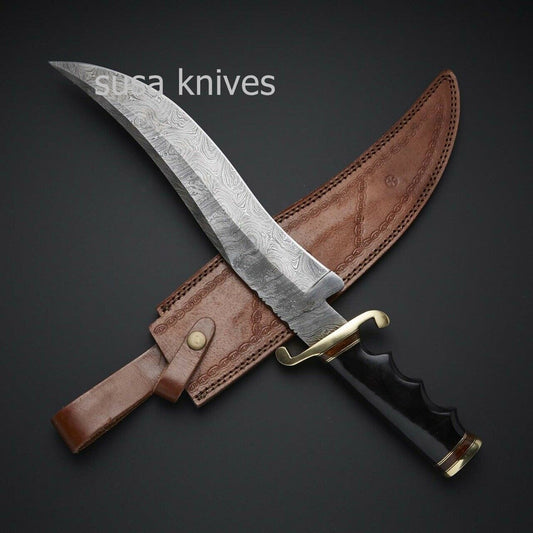 HANDMADE DAMASCUS STEEL BLACK MICARTA WITH LEATHER SHEATH - SUSA KNIVES