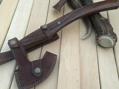 CUSTOM HAND FORGED DAMASCUS STEEL WALNUT WOOD CAMPING TOMAHAWK AXE WITH SHEATH - SUSA KNIVES
