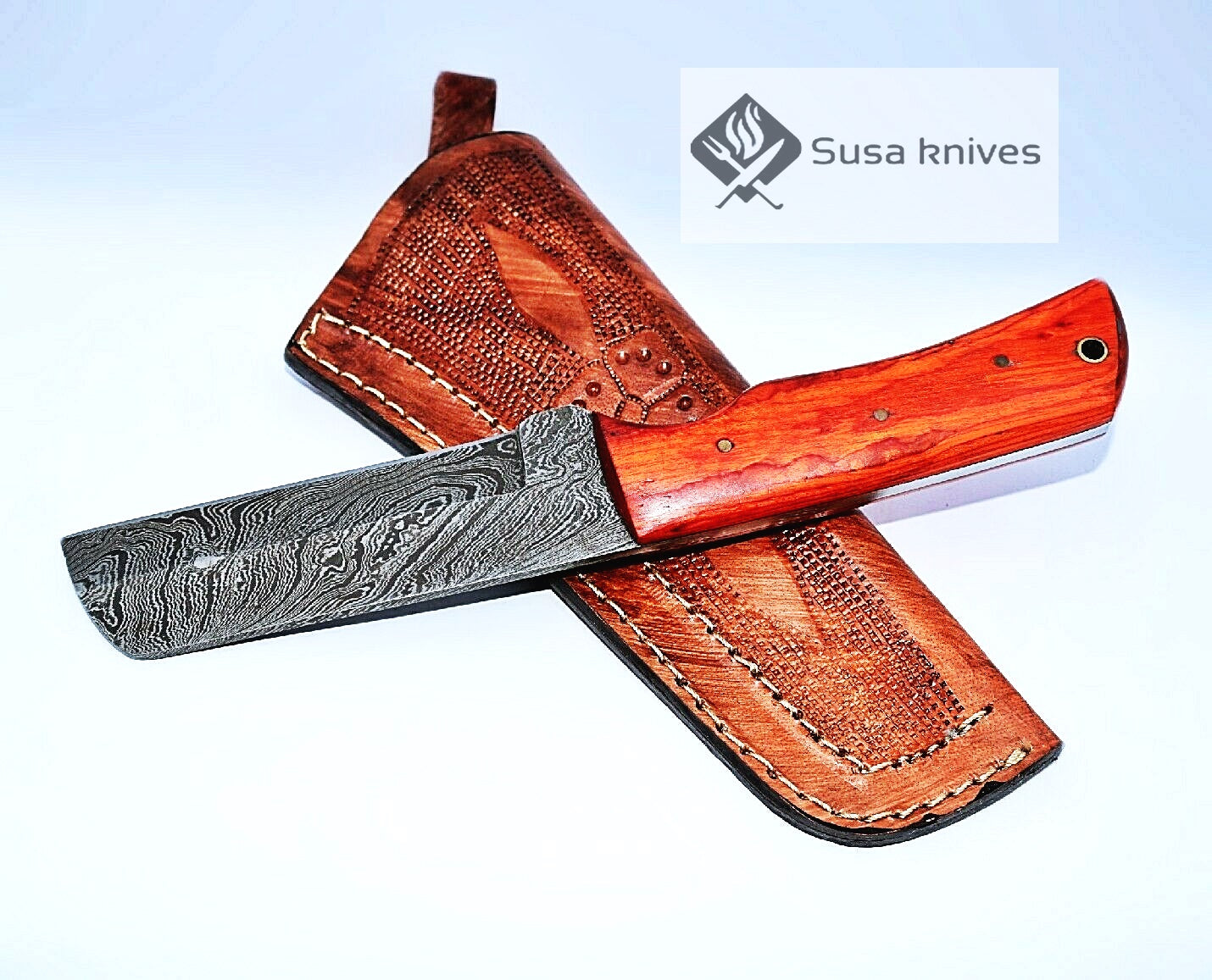 HAND FORGED DAMASCUS STEEL BULL CUTTER/COWBOY KNIFE & PUKKA WOOD HANDLE - SUSA KNIVES