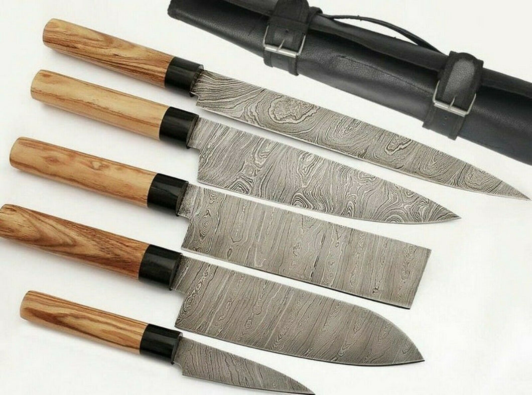 Set Of 5 Beautiful Handmade Damascus Steel Chef Knives With Leather Bag - SUSA KNIVES