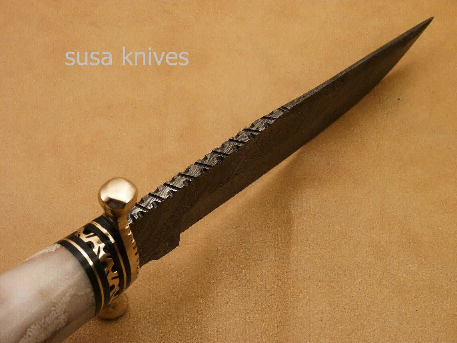 Custom Handmade Damascus Steel Hunting Bowie Knife with Colored Bone - SUSA KNIVES