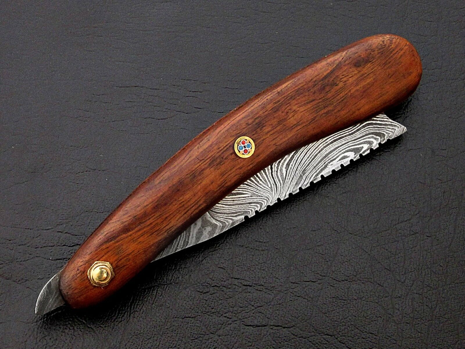 CUSTOM HANDMADE DAMASCUS STEEL BARBER FOLDING RAZOR ROSE WOOD HANDLE WITH POUCH - SUSA KNIVES