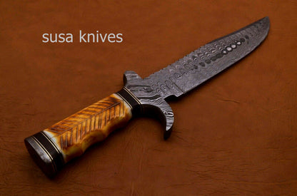 Handmade Damascus Steel Bowie Knive -Cammel Bone & Rose Wood Handle - SUSA KNIVES