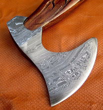 Load image into Gallery viewer, HANDMADE CARVED HANDLE DAMASCUS STEEL VIKING AXE WITH SHEATH - SUSA KNIVES
