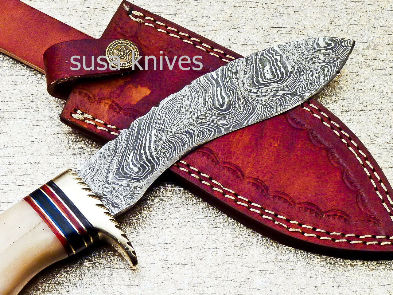HAND FORGED DAMASCUS 9.5" KUKRI KNIFE WITH CAMEL BONE HANDLE - SUSA KNIVES