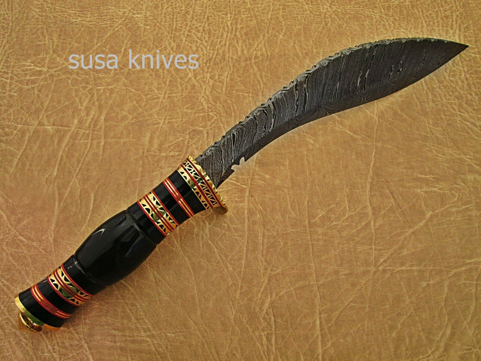 Damascus steel hunting Kukri knife BRASS GUARD Buffalo Horn. - SUSA KNIVES