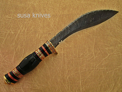 Damascus steel hunting Kukri knife BRASS GUARD Buffalo Horn. - SUSA KNIVES