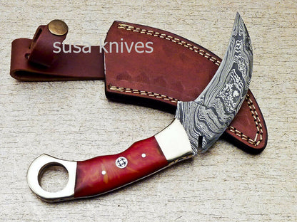 SUPERB CUSTOM HAND FORGED DAMASCUS STEEL KARAMBIT KNIFE CORIAN MATERIAL - SUSA KNIVES