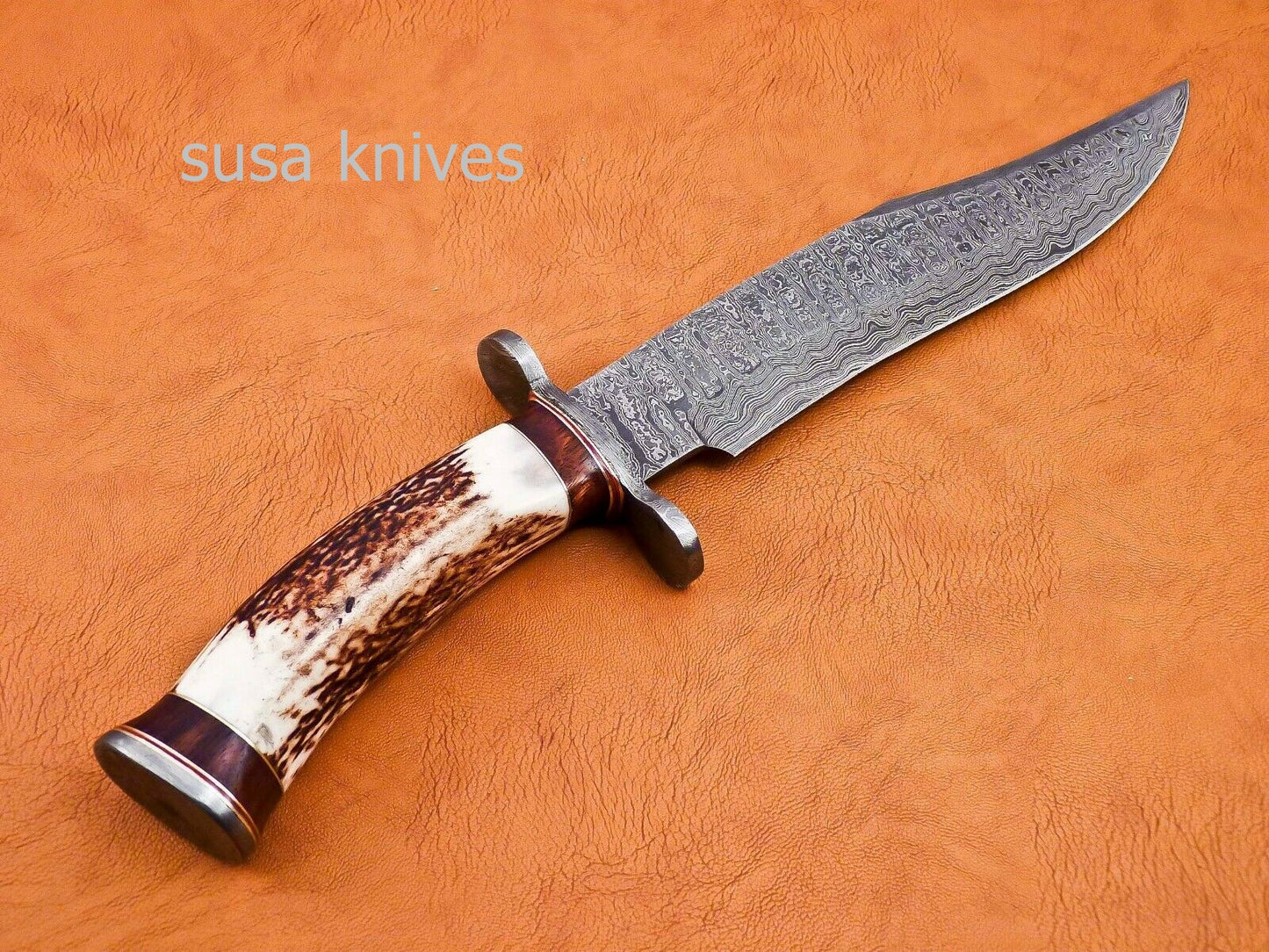 Handmade Damascus Steel Bowie Knive - Stag & Rose Wood Handle - SUSA KNIVES