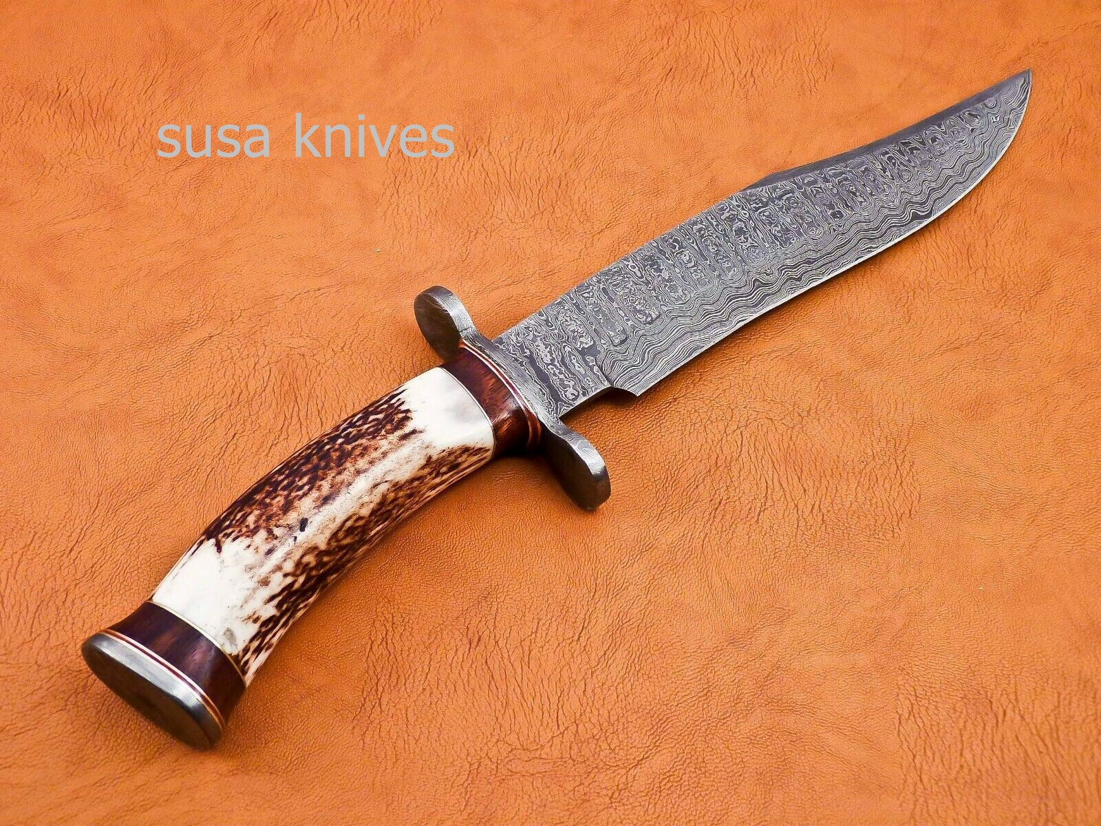 Handmade Damascus Steel Bowie Knive - Stag & Rose Wood Handle - SUSA KNIVES