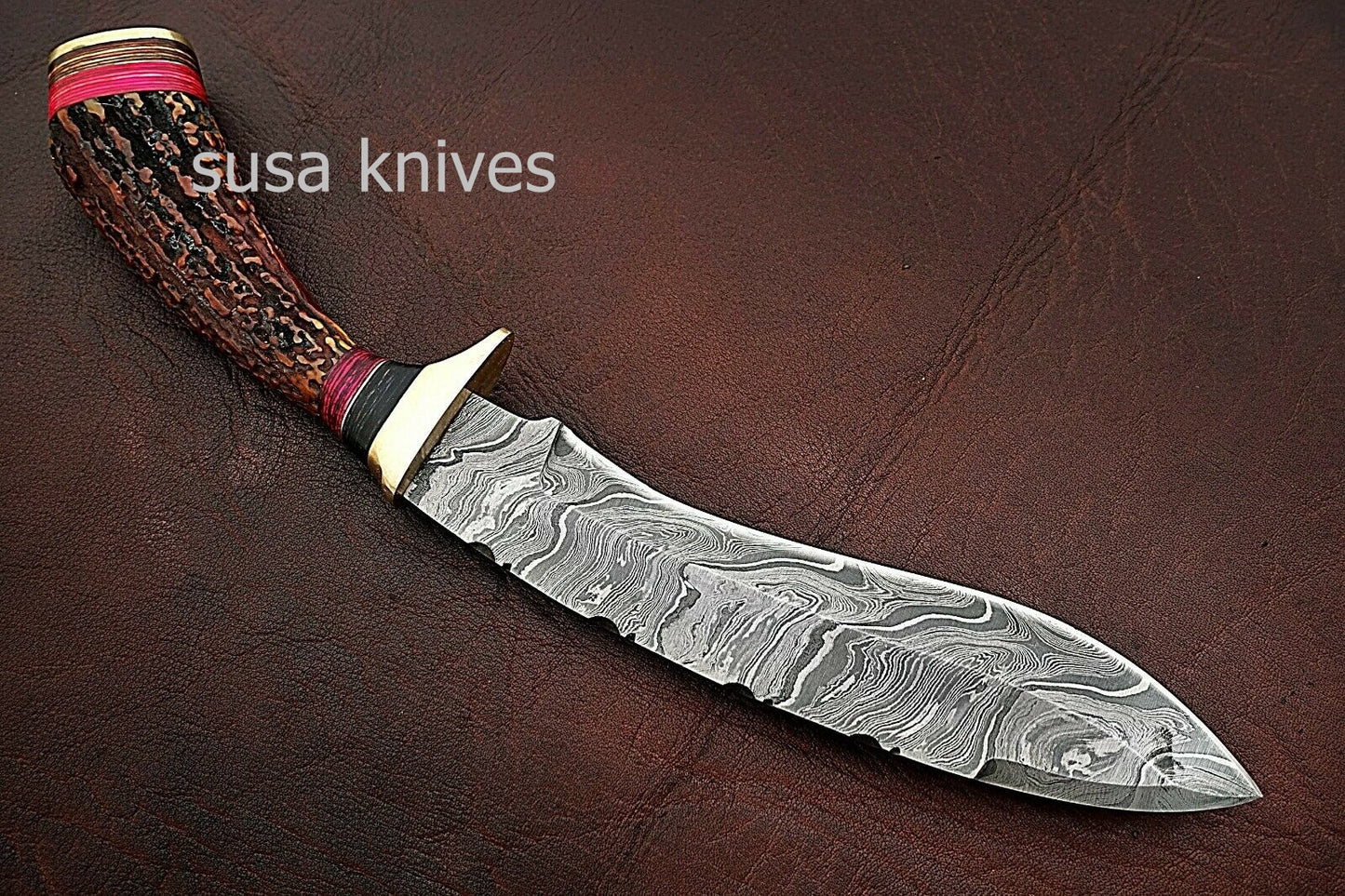 Custom Handmade Damascus Steel Kukri Style Hunting Knife with Stag Handle - SUSA KNIVES