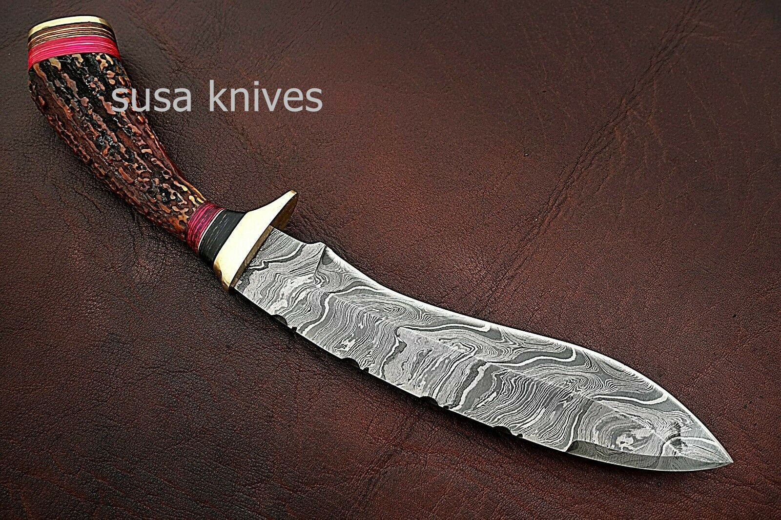Custom Handmade Damascus Steel Kukri Style Hunting Knife with Stag Handle - SUSA KNIVES