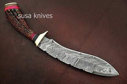 Custom Handmade Damascus Steel Kukri Style Hunting Knife with Stag Handle - SUSA KNIVES
