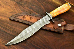 Custom Handmade Damascus Steel Hunting Knife | Sheath |Stained Camel Bone Handle - SUSA KNIVES