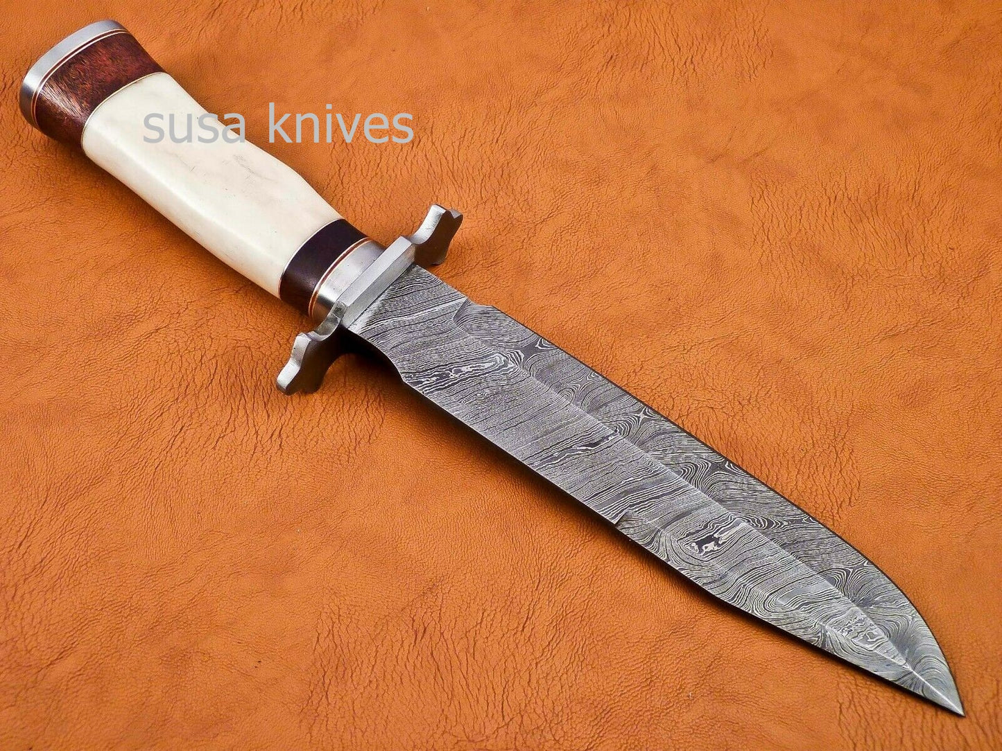 Handmade Damascus Steel Bowie Knive - Cammel Bone & Rose Wood Handle - SUSA KNIVES