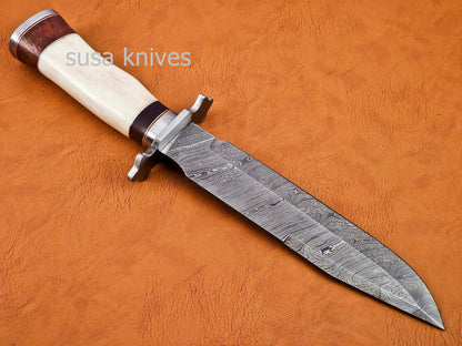 Handmade Damascus Steel Bowie Knive - Cammel Bone & Rose Wood Handle - SUSA KNIVES