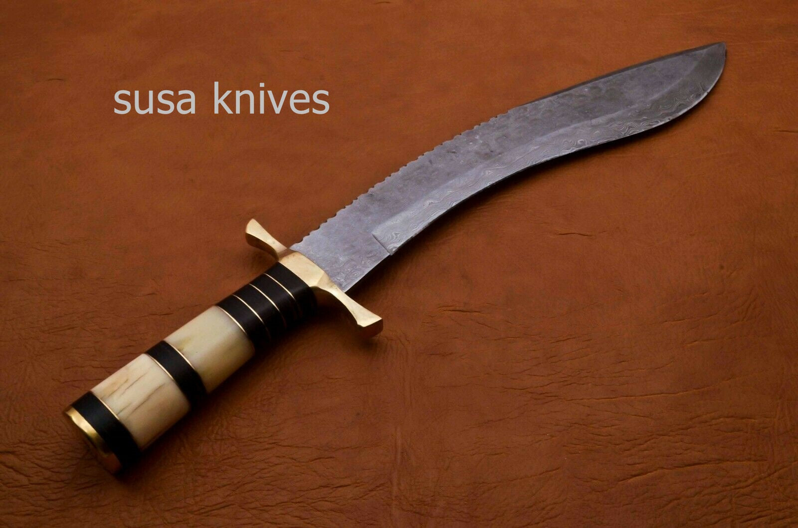 Handmade Damascus Steel Bowie Knive - Camel Bone & Micarta Handle - SUSA KNIVES