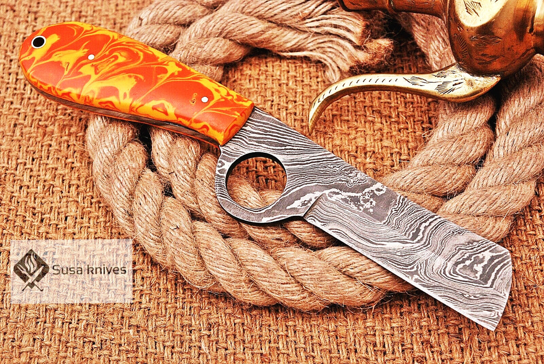 HAND FORGED DAMASCUS STEEL CONSTRATION BULL CUTTER/COWBOY KNIFE & RISEN HANDLE - SUSA KNIVES
