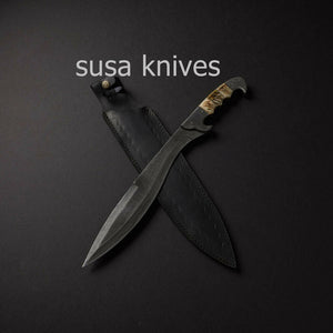 CUSTOM HANDMADE DAMASCUS BOWIE KNIFE WITH LEATHER SHEATH - SUSA KNIVES