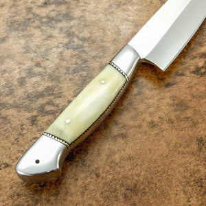 CUSTOM HANDMADE CHEF KITCHEN KNIFE D2 STEEL BEAUTIFUL CAMEL BONE -LEATHER SHEATH - SUSA KNIVES