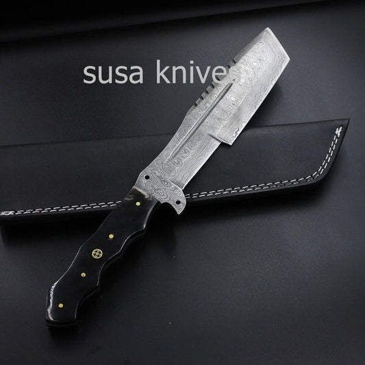 CUSTOM HANDMADE DAMASCUS STEEL TRACKER KNIFE WITH LEATHER SHEATH - SUSA KNIVES