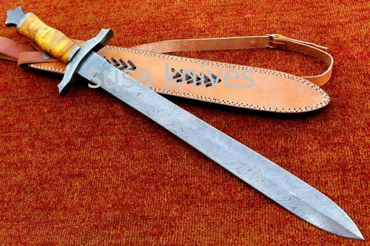 Custom Handmade Damascus Steel Sword [Sheath] Olive Wood Handle - SUSA KNIVES