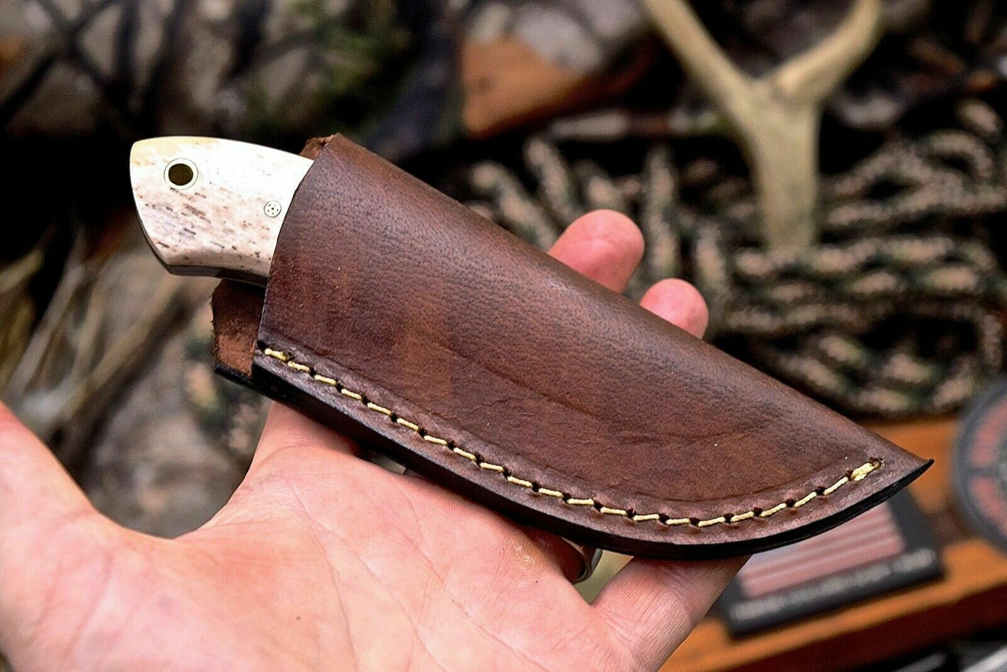 Handmade Raindrop Damascus Custom Camel Bone Small Skinning Utility Knife - SUSA KNIVES
