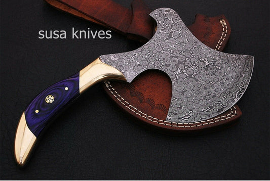 CUSTOM HANDMADE DAMASCUS STEEL CAMPING AXE WITH LEATHER SHEATH - SUSA KNIVES