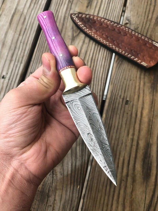 HAND FORGED DAMASCUS STEEL DAGGER BOOT Throwing Knife Bone & Brass Bolster - SUSA KNIVES