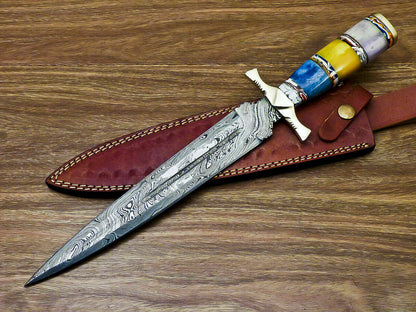 Beautiful Custom Handmade Damascus Steel Dagger Knife "Stained Camel Bone Handle - SUSA KNIVES