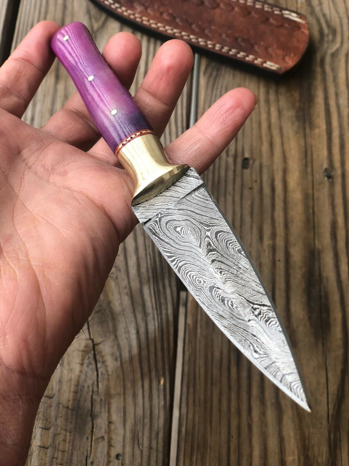HAND FORGED DAMASCUS STEEL DAGGER BOOT Throwing Knife Bone & Brass Bolster - SUSA KNIVES