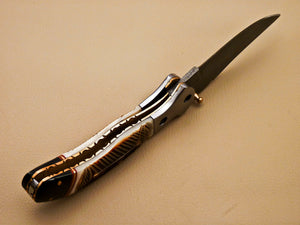 Beautiful Custom Damascus Steel Folding Handmade Knive Engraved Burn Camel Bone - SUSA KNIVES