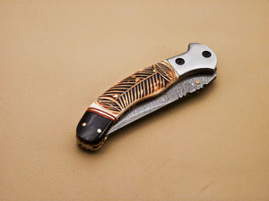 Beautiful Custom Damascus Steel Folding Handmade Knive Engraved Burn Camel Bone - SUSA KNIVES