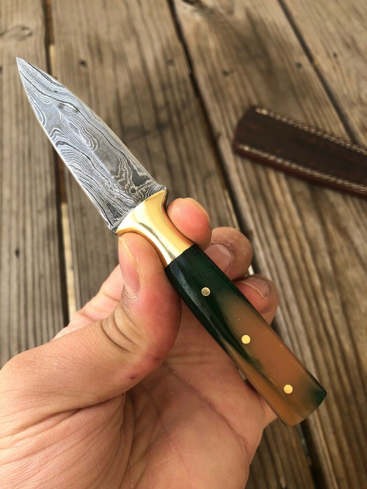 HAND FORGED DAMASCUS STEEL DAGGER BOOT Throwing Knife Resin Brass Bolster Handle - SUSA KNIVES