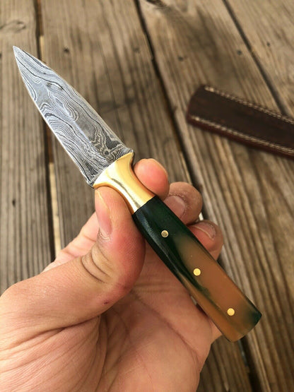 HAND FORGED DAMASCUS STEEL DAGGER BOOT Throwing Knife Resin Brass Bolster Handle - SUSA KNIVES