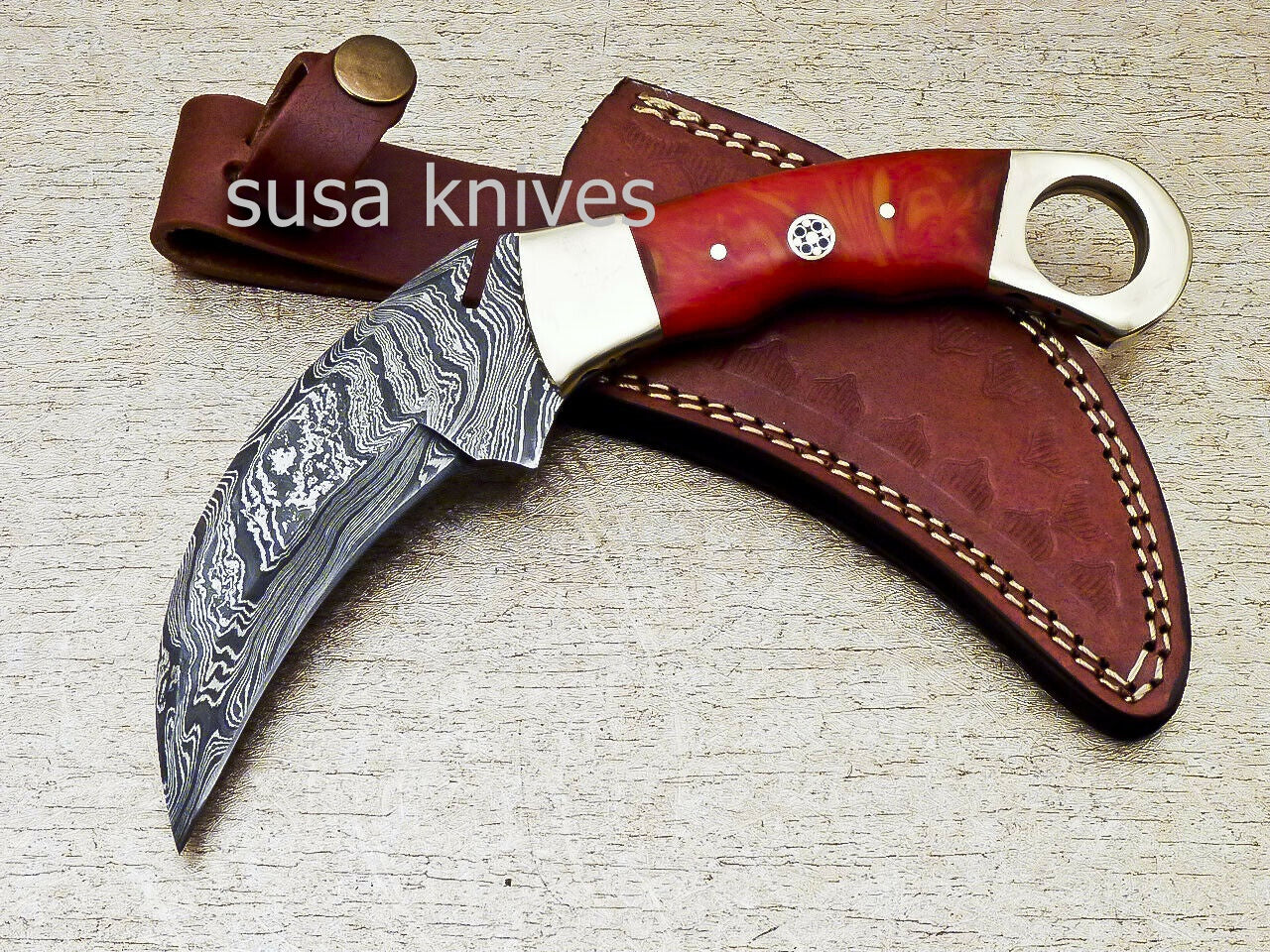 SUPERB CUSTOM HAND FORGED DAMASCUS STEEL KARAMBIT KNIFE CORIAN MATERIAL - SUSA KNIVES