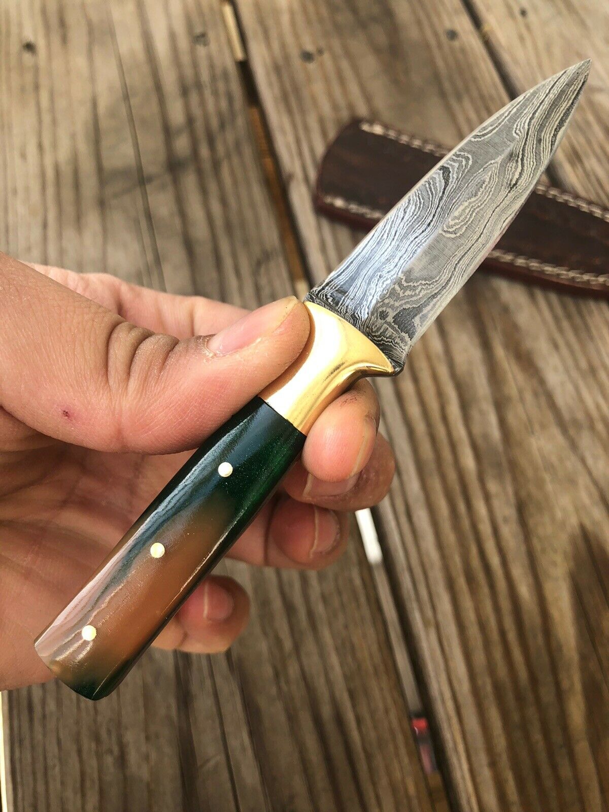 HAND FORGED DAMASCUS STEEL DAGGER BOOT Throwing Knife Resin Brass Bolster Handle - SUSA KNIVES