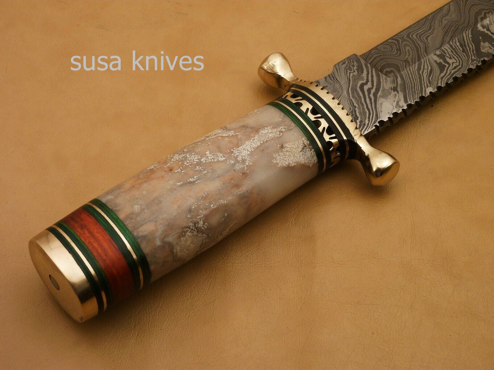 Custom Handmade Damascus Steel Hunting Bowie Knife with Colored Bone - SUSA KNIVES