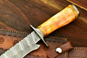 Custom Handmade Damascus Steel Hunting Knife | Sheath |Stained Camel Bone Handle - SUSA KNIVES