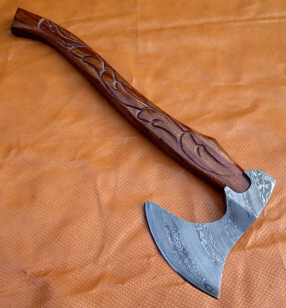 HANDMADE CARVED HANDLE DAMASCUS STEEL VIKING AXE WITH SHEATH - SUSA KNIVES