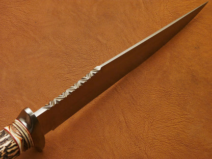 CUSTOM HAND MADE D2 BOWIE HUNTING KNIFE - FIGHTER KNIFE - STAG ANTLER HANDLE - SUSA KNIVES